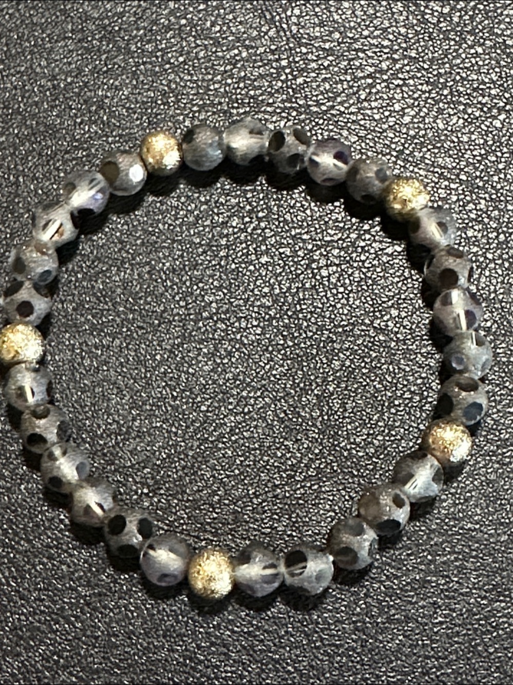 51. Dark Grey Polka Dot Glass & Gold Tone Beaded Stretch Bracelet - Picture 7 of 9